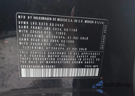 2020 Volkswagen Tiguan 2.0T Se/2.0T Se R-Line Black/2.0T Sel из США, поврежденный, VIN 3VV2B7AX0LM106281